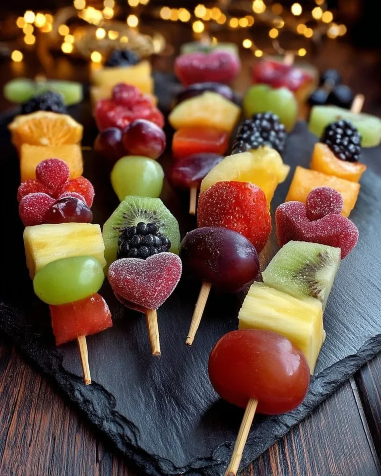 Brochettes de fruits sucrés avec des bonbons colorés