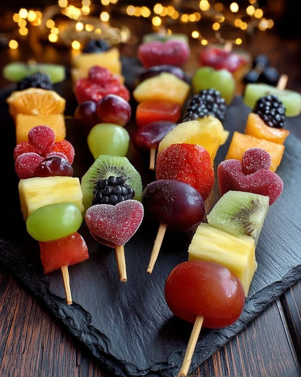 Brochettes de fruits sucrés avec des bonbons colorés