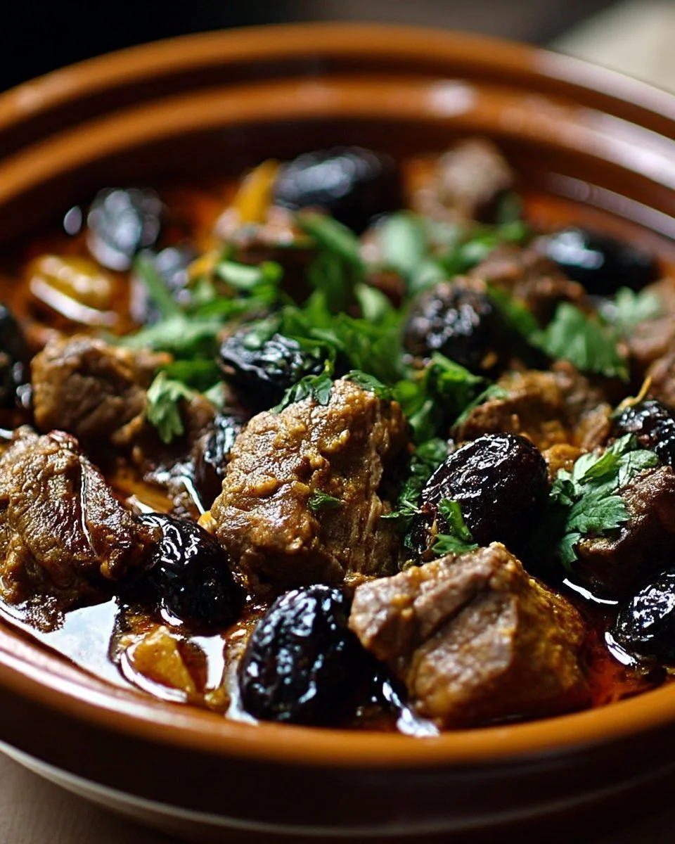 Tajine d’agneau aux pruneaux servi dans un plat traditionnel marocain.