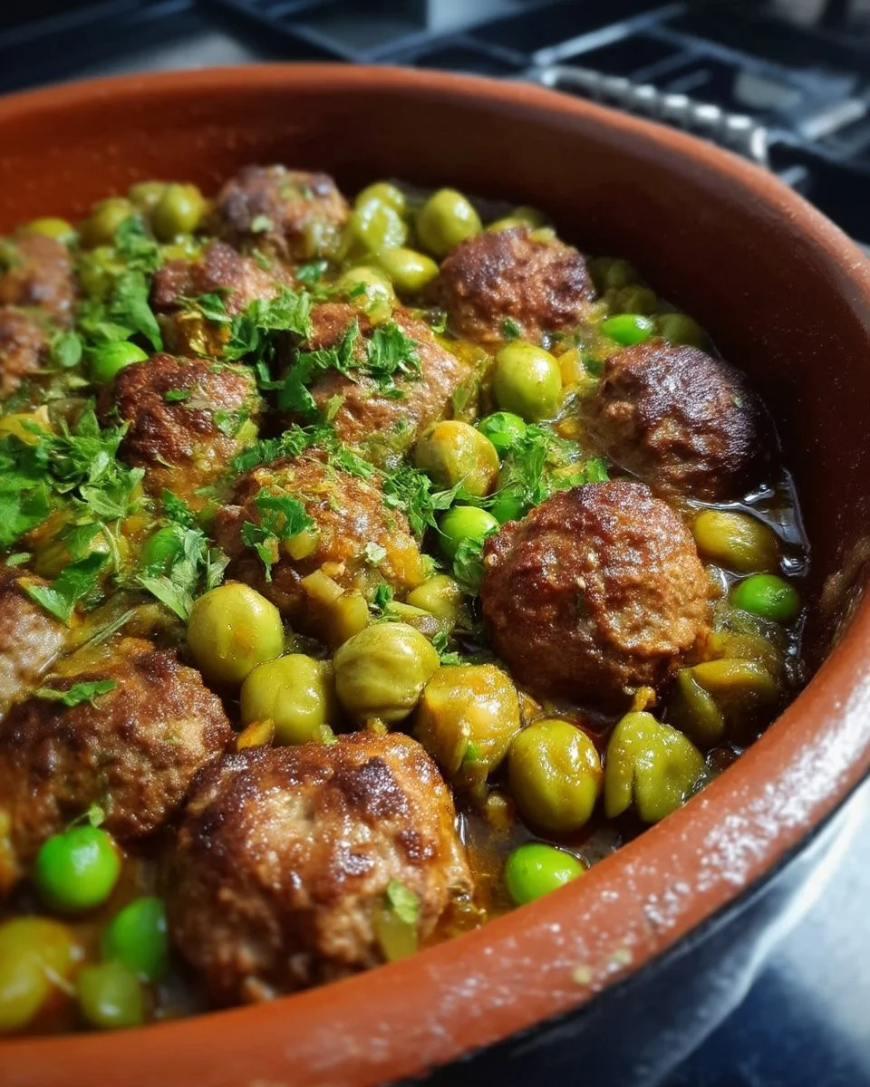 Tajine de Kefta avec petits pois et fèves, plat marocain savoureux
