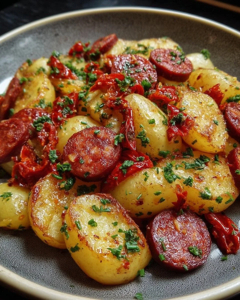 Tapas de pommes de terre au chorizo servies dans un plat coloré