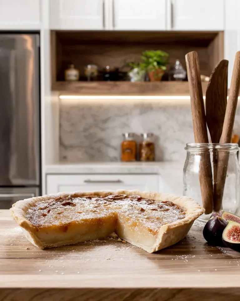 Tarte au sirop d'érable bien dorée, garnie de sirop d'érable riche et sucré.