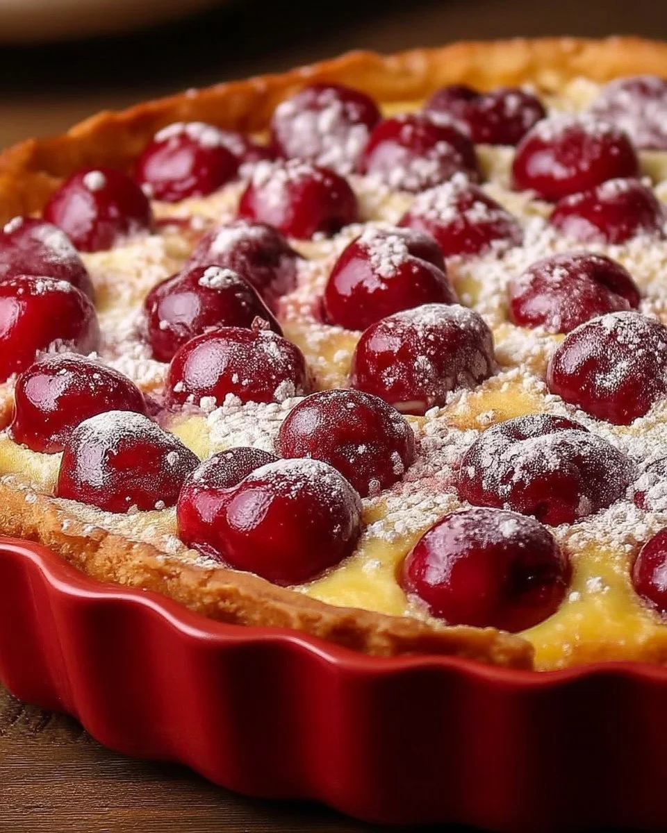 Tarte aux cerises dorées présentant une belle croûte et des cerises juteuses