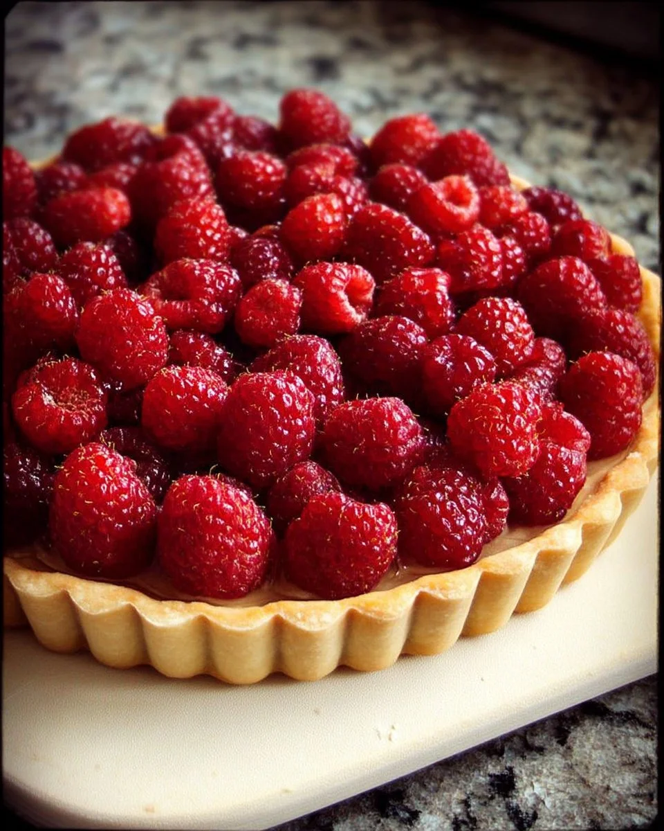 Tarte aux Framboises garnie de framboises fraîches et de crème pâtissière.
