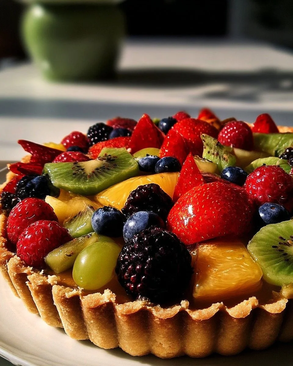 Tarte aux fruits frais garnie de fruits colorés et appétissants