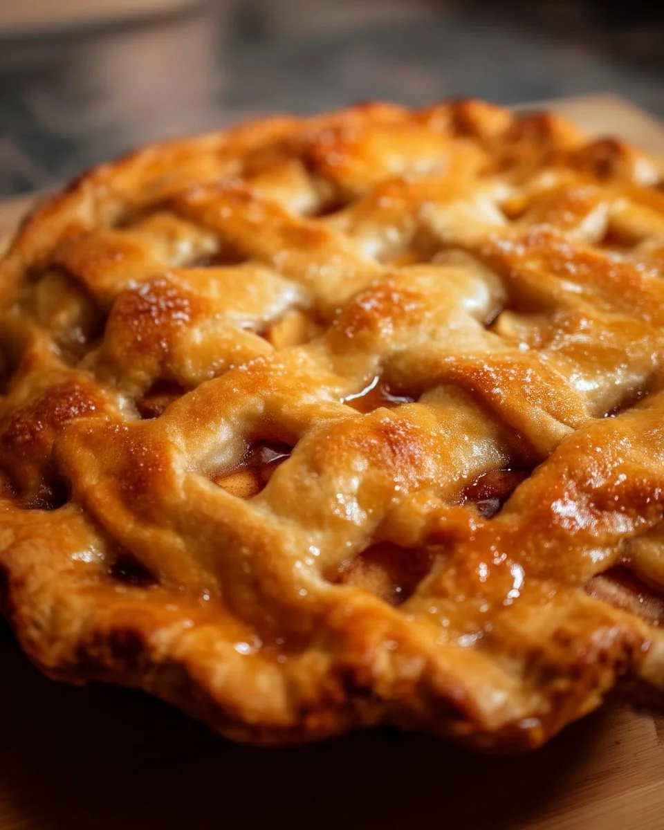 Tarte aux pommes garnie de sirop d'érable, un dessert savoureux et réconfortant.
