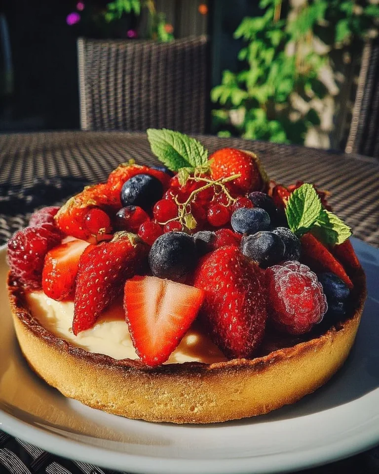 Tarte maison aux fraises et fruits rouges prête à servir en dessert
