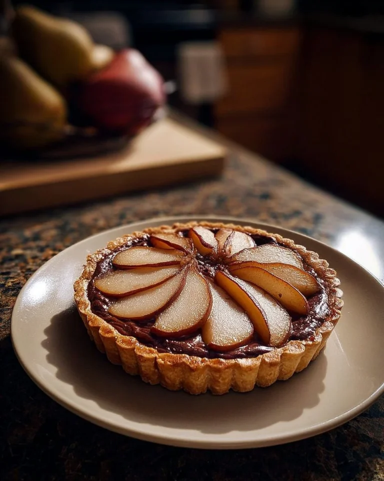 Tarte poire chocolat, un dessert savoureux et gourmand avec poires et chocolat.