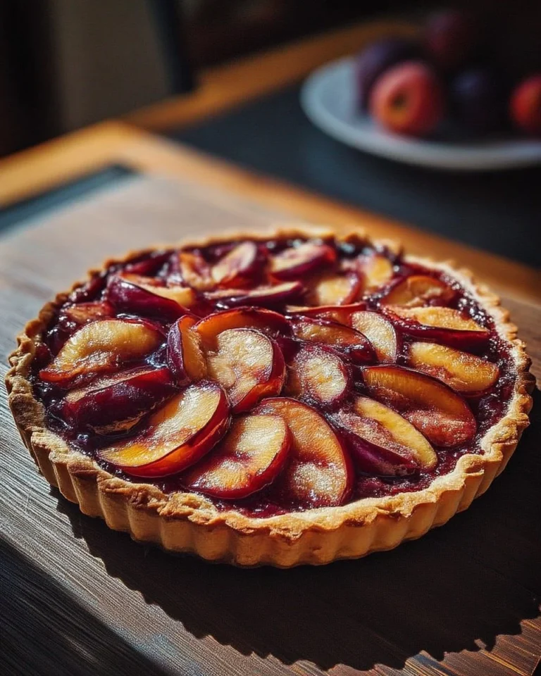 Tarte rustique aux prunes faite maison, croustillante et savoureuse.