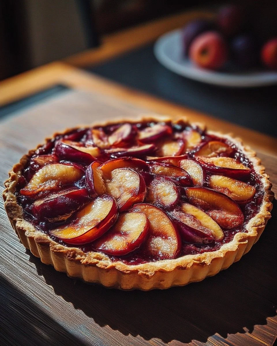Tarte rustique aux prunes faite maison, croustillante et savoureuse.