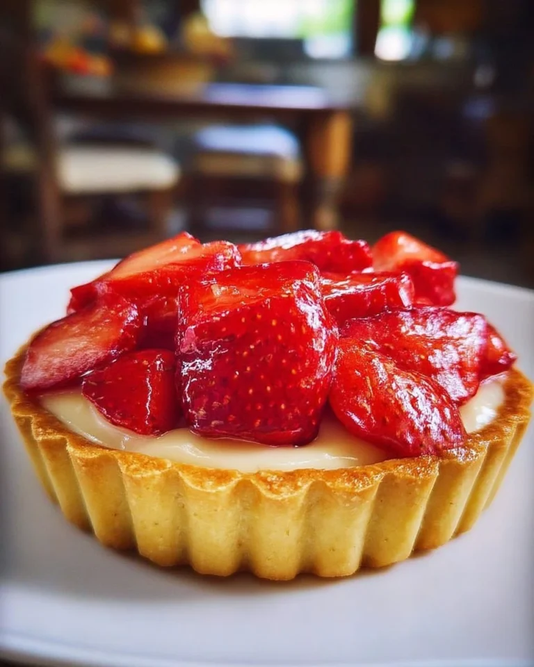 Tartelette aux fraises maison sur une assiette, garnie de fruits frais