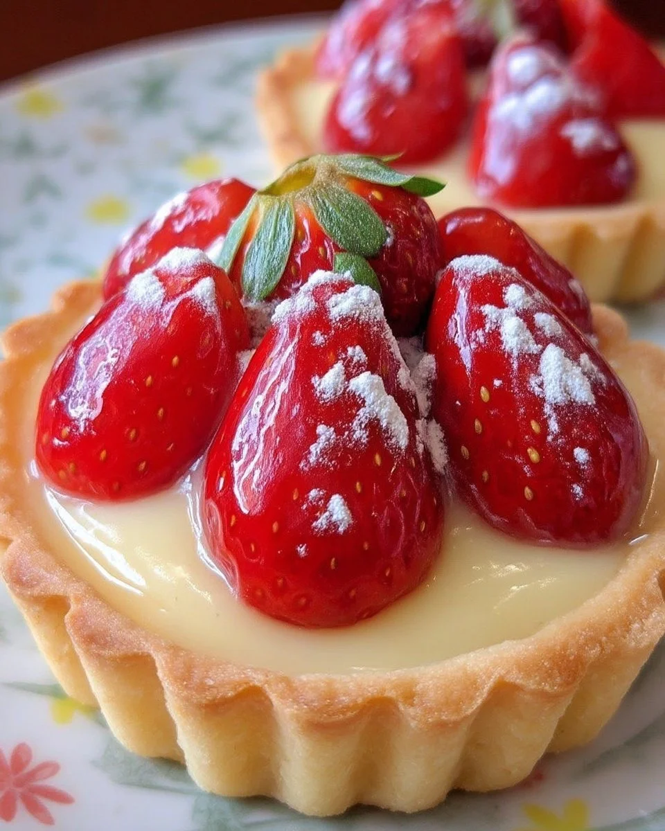 Tartelettes fraise avec crème pâtissière sur une assiette