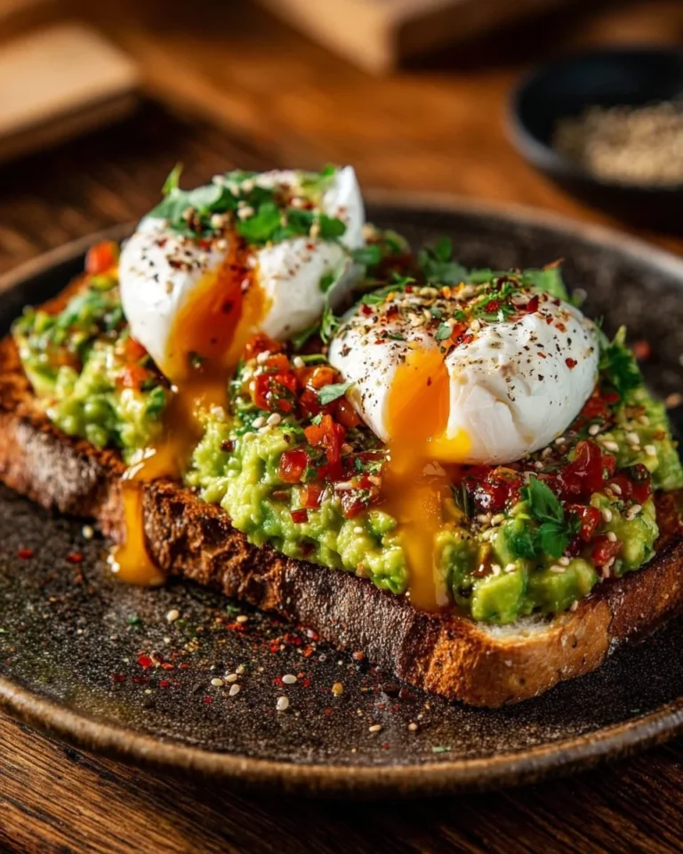 Tartine avocat avec œuf coulant et huile pimentée, plat savoureux et sain