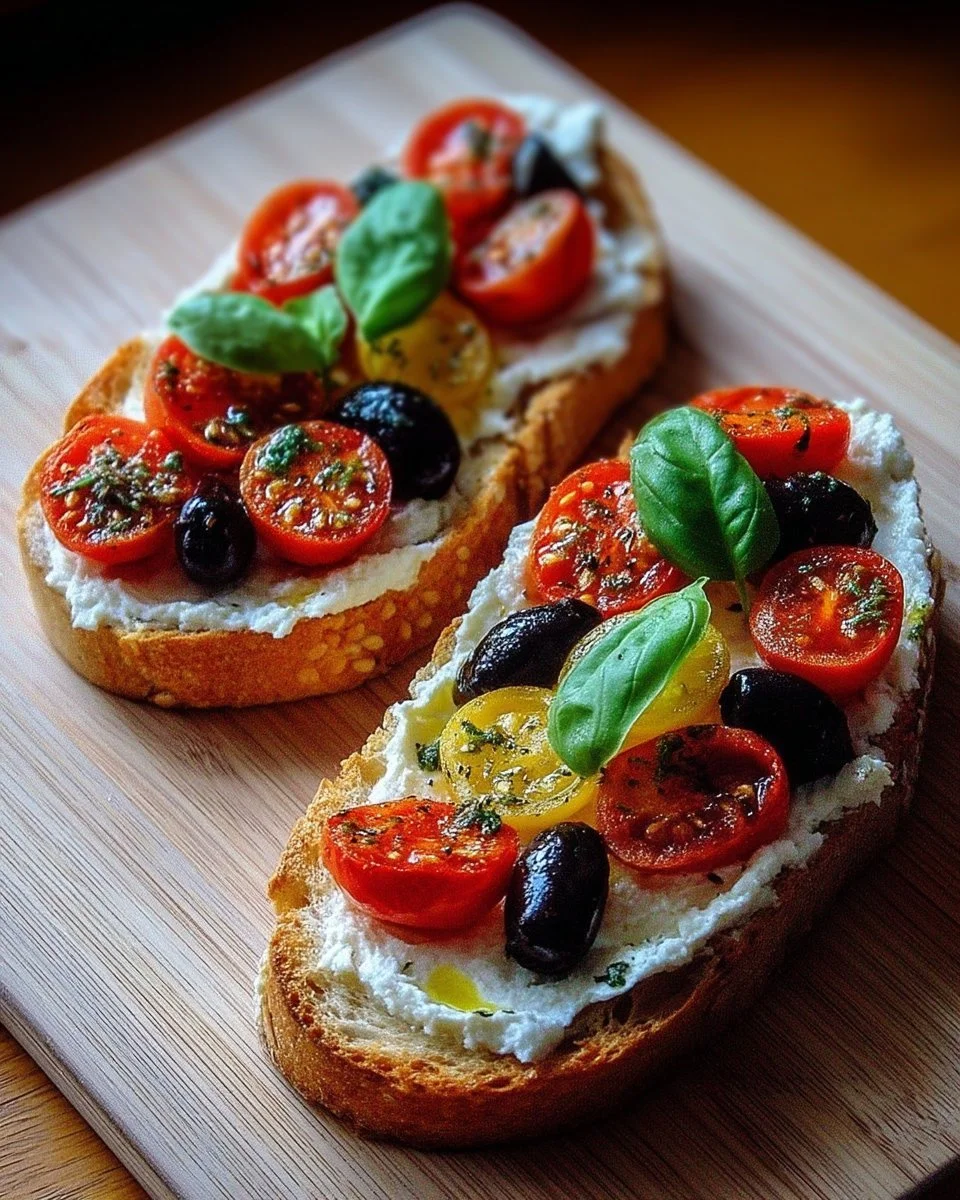 Tartine au fromage frais avec tomates rôties, olives et basilic.
