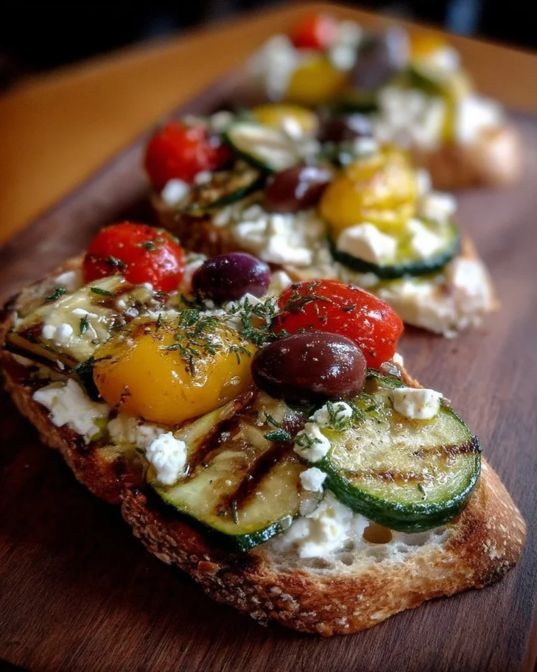 Tartine aux légumes grillés avec feta et olives servie sur une planche en bois.