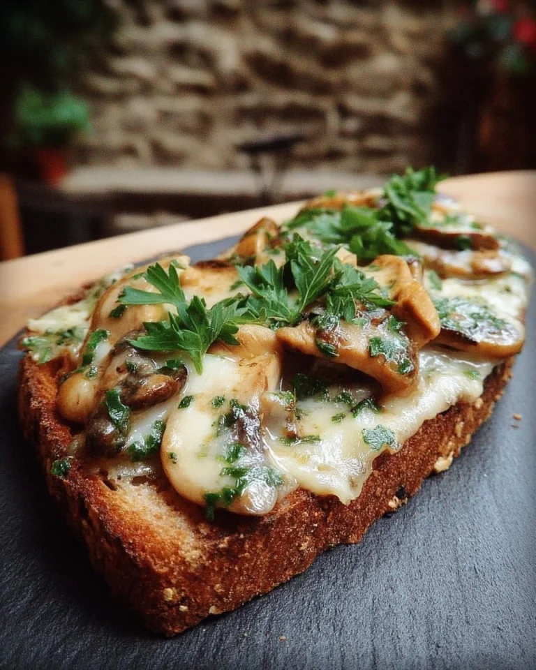 Tartine campagnarde aux champignons et fromage fondu, garnie de persil frais.