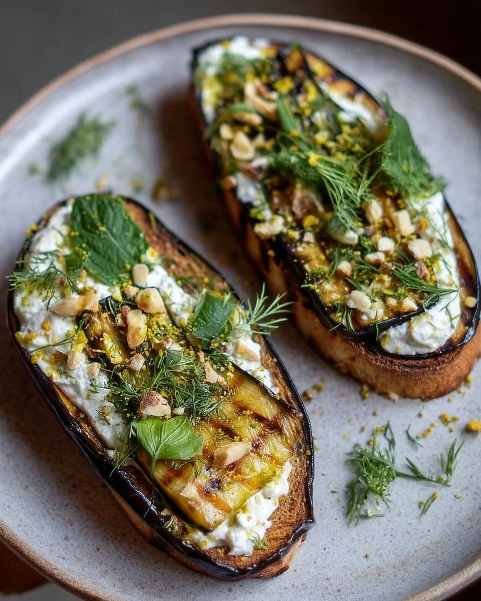 Tartine d’aubergine grillée avec crème fraîche citronnée et herbes fraîches