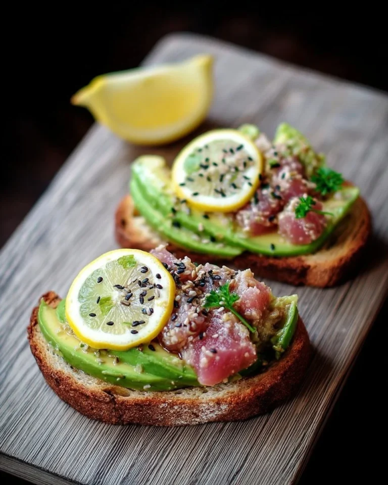 Tartine d'avocat, thon et citron présentée sur une assiette