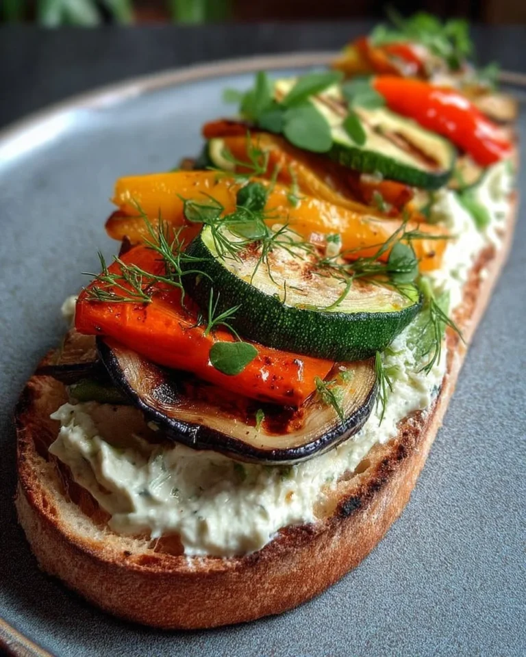 Tartine de légumes grillés avec crème onctueuse, plat coloré et savoureux.