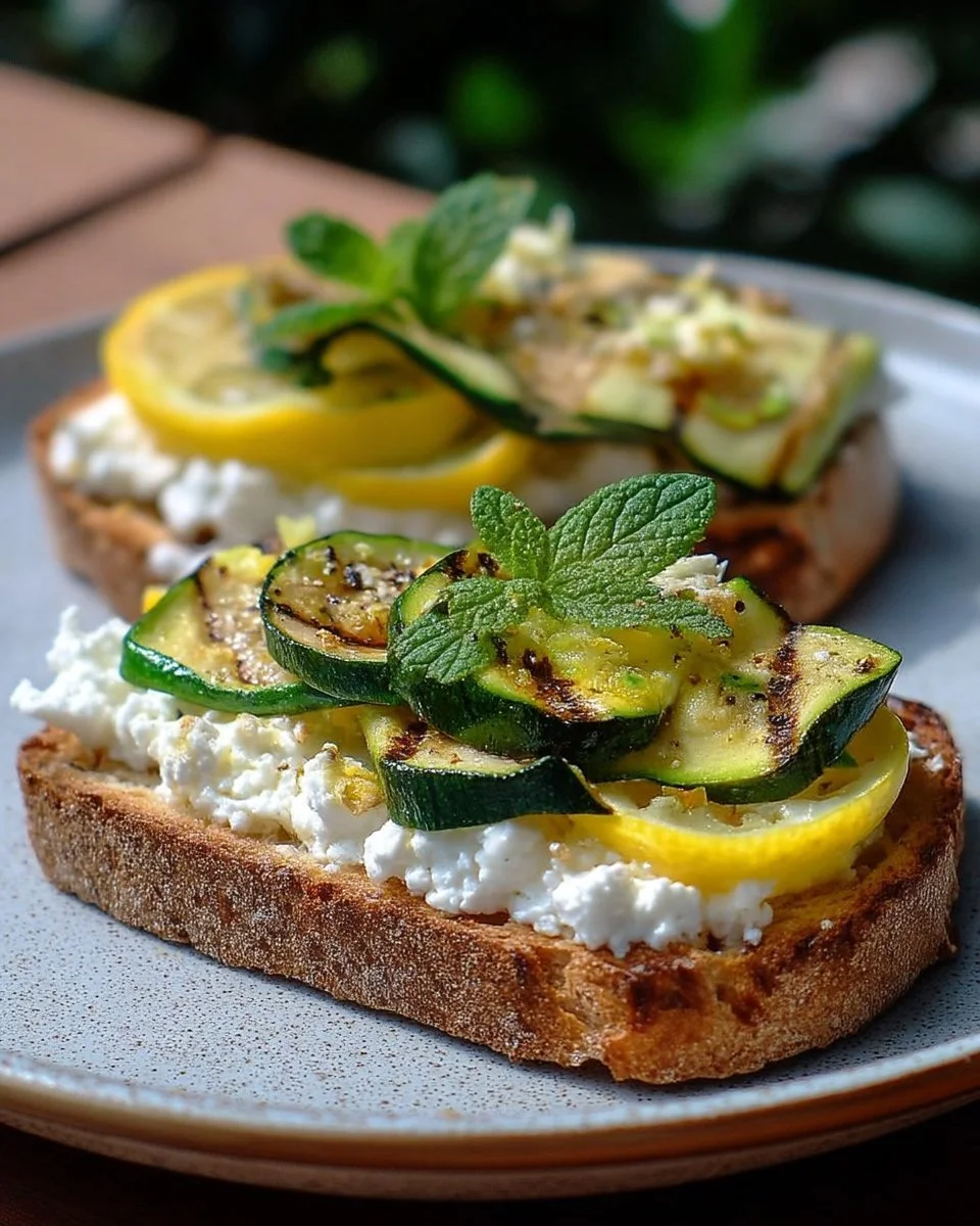 Tartine de ricotta avec courgettes grillées, citron et menthe, présentée sur une assiette.