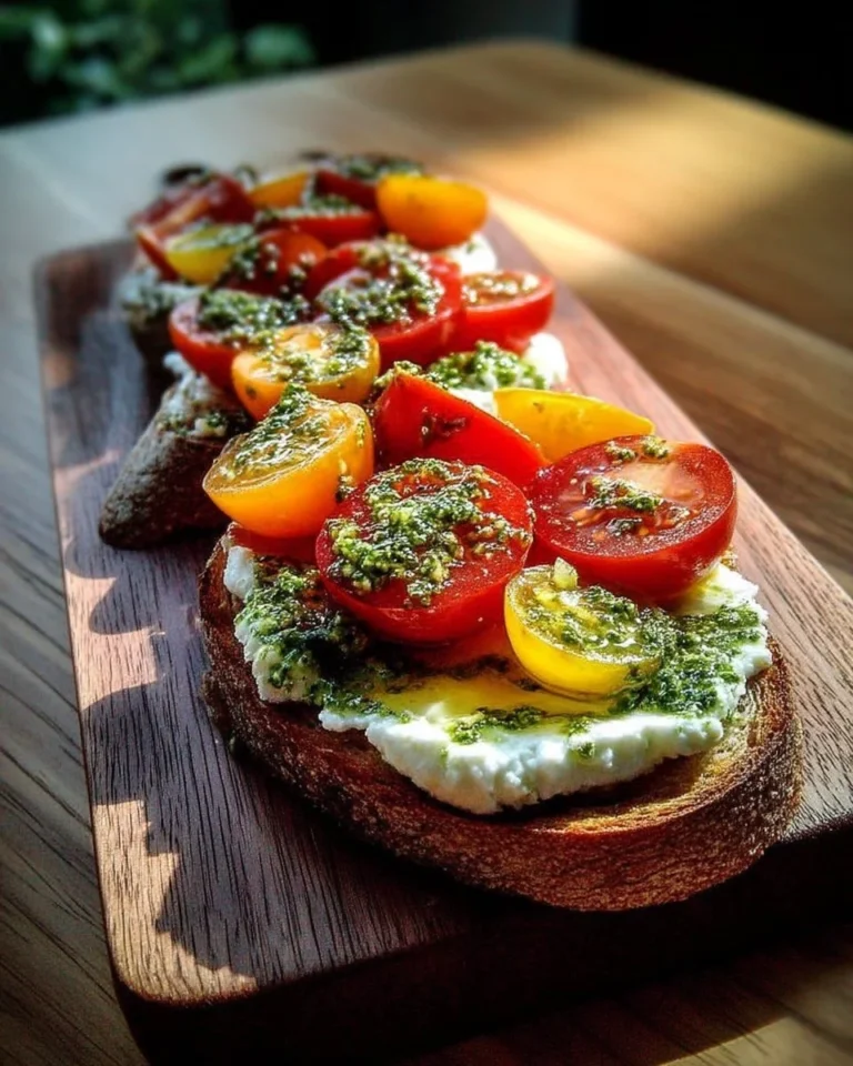 Tartine rustique avec burrata, tomates cerises et pesto sur une planche en bois.