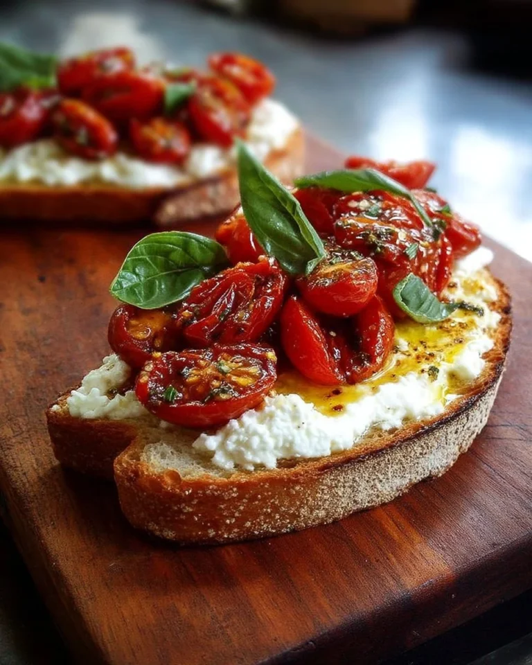Tartine rustique avec ricotta, tomates rôties et basilic sur une planche en bois.