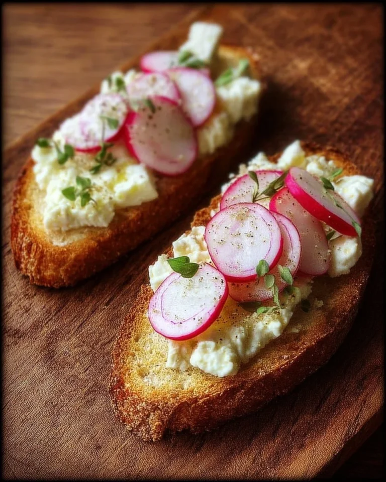Tartine rustique garnie de fromage frais et radis sur une table en bois