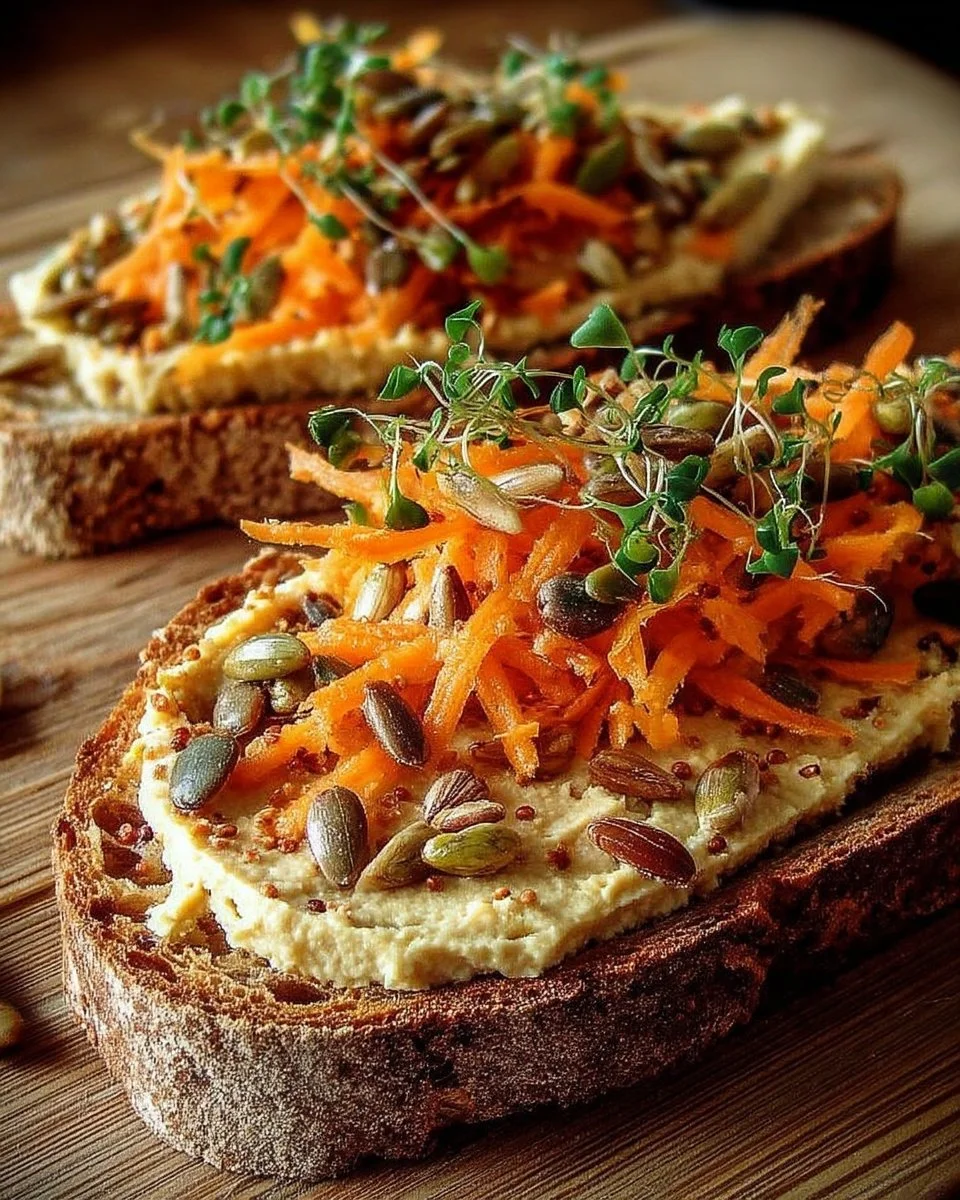 Tartine rustique au houmous, carottes râpées et graines, présentée sur une planche en bois.
