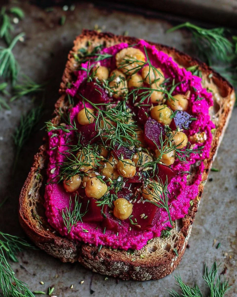 Tartine rustique garnie de houmous de betterave vibrant et appétissant.