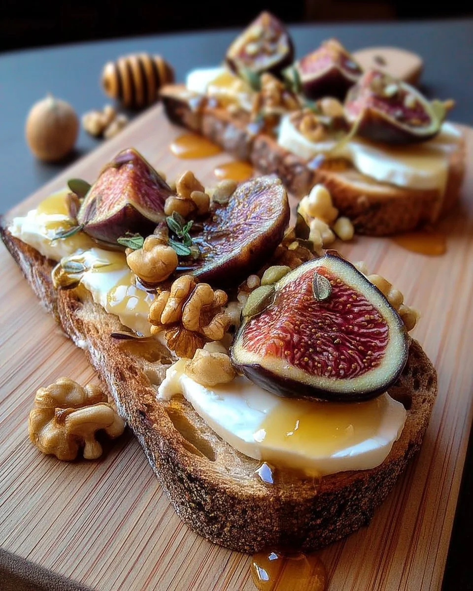 Tartine rustique aux figues avec fromage fondant, miel et noix