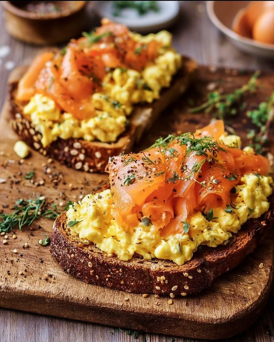 Tartine rustique garnie d'œufs brouillés et saumon fumé, idéale pour le brunch