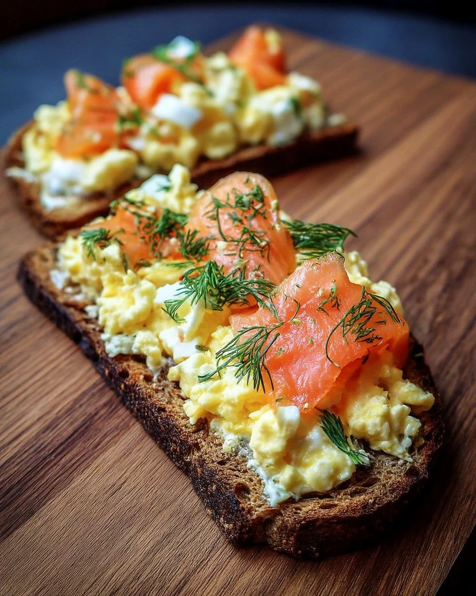 Tartine rustique garnie d'œufs brouillés, saumon fumé et aneth sur pain artisanal.