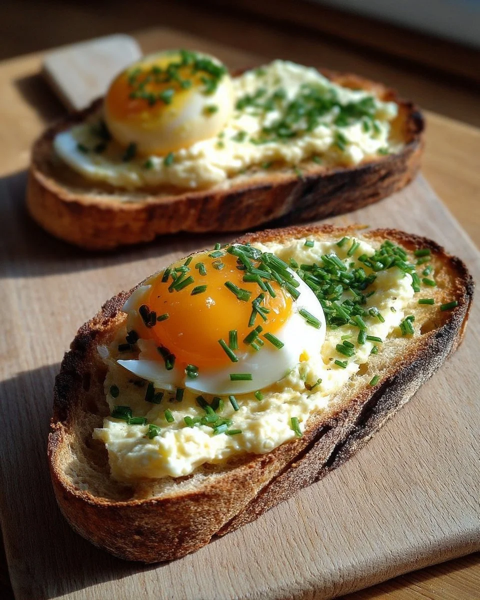 Tartine rustique avec œufs crémeux et ciboulette, prêt à déguster.