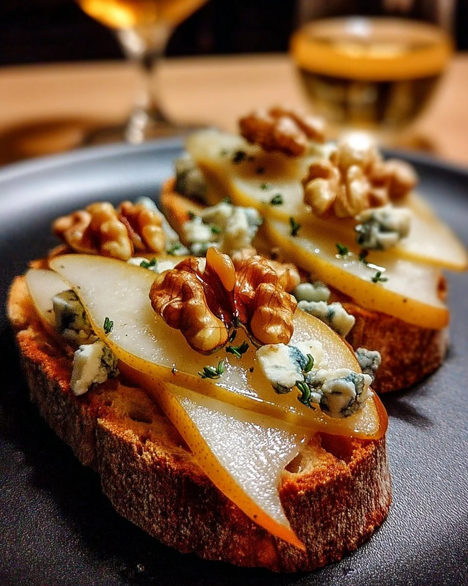Tartine rustique aux poires, fromage bleu, noix et miel servie sur une planche en bois