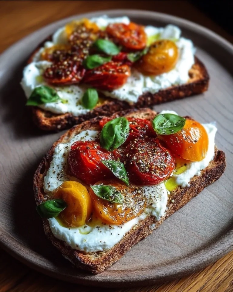 Tartine rustique avec burrata, tomates rôties et basilic frais