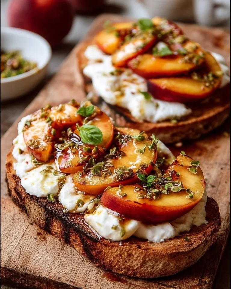 Tartine burrata avec pêches rôties au miel, plat savoureux et élégant.