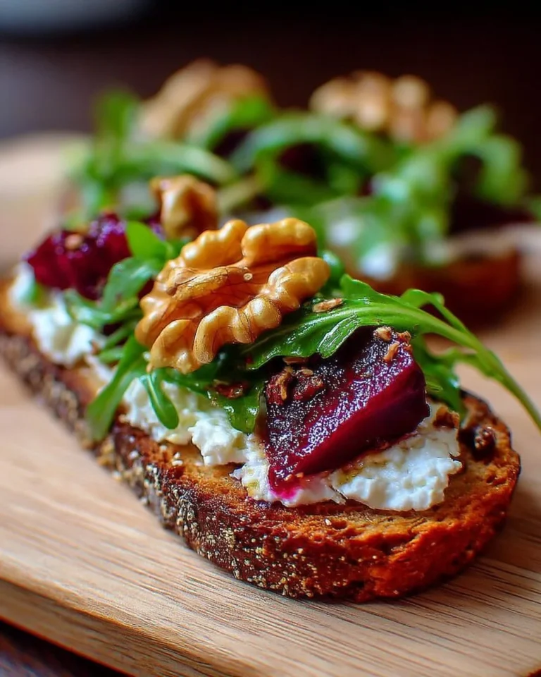 Tartine avec fromage de chèvre frais, betteraves rôties, roquette et noix.