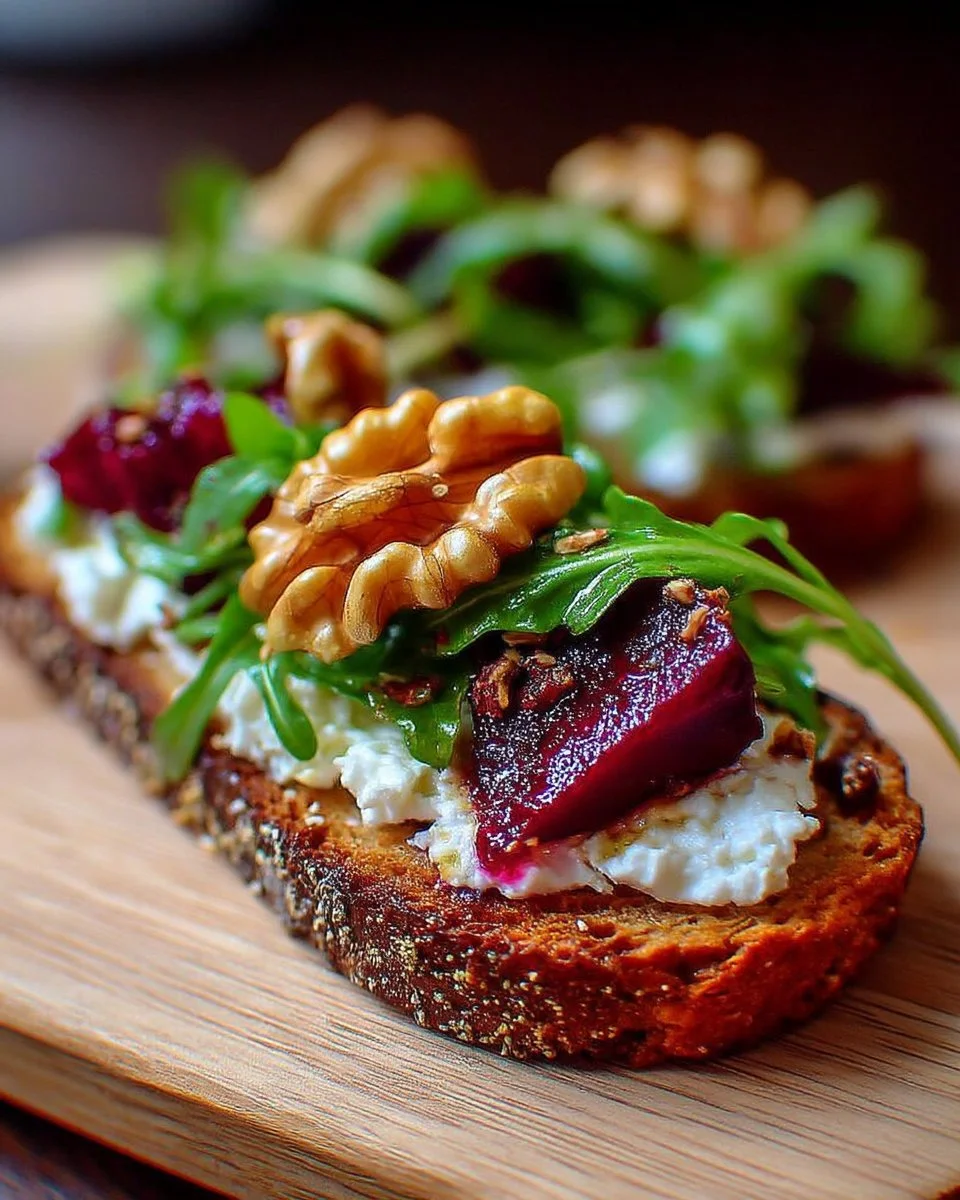Tartine avec fromage de chèvre frais, betteraves rôties, roquette et noix.