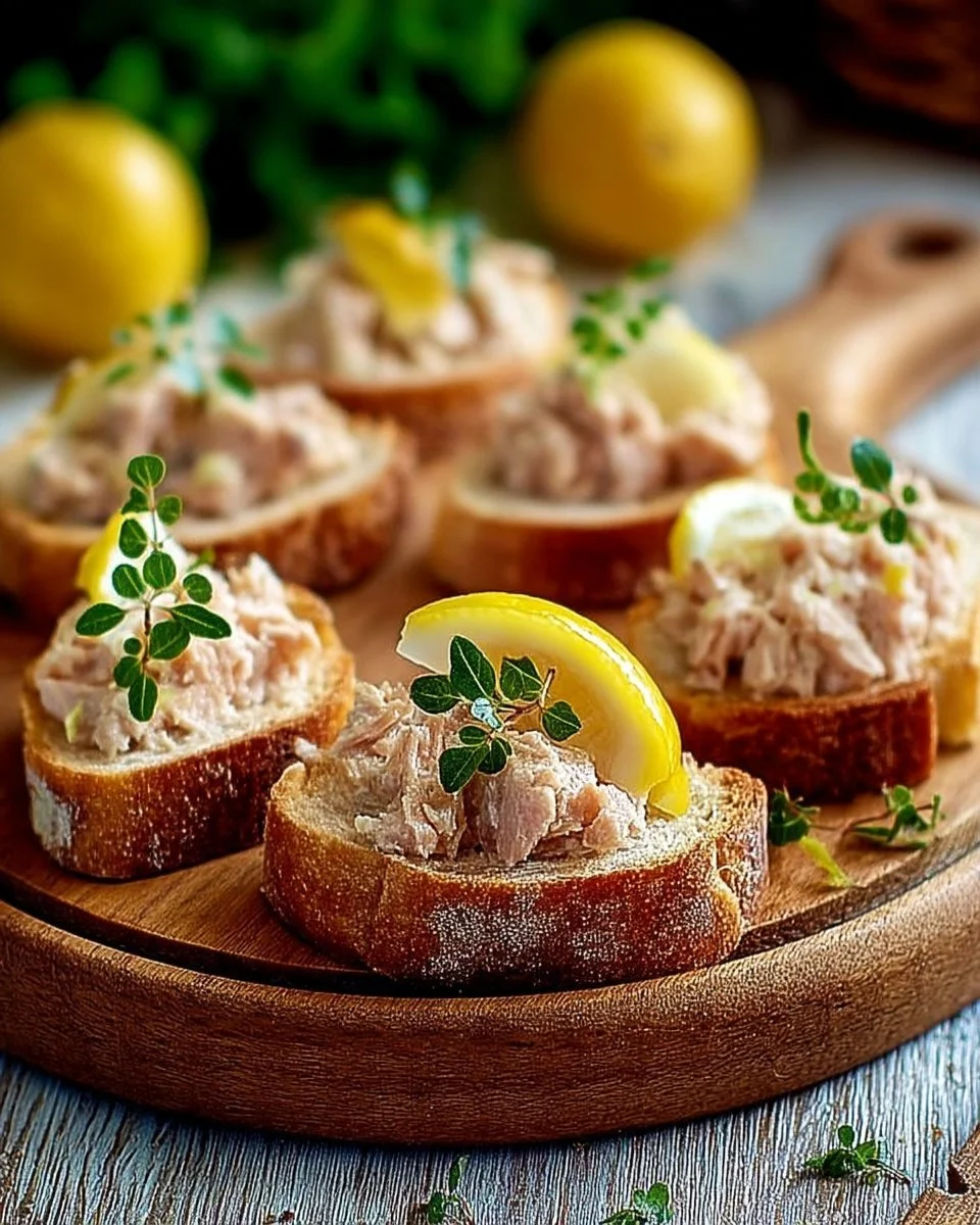 Tartines apéritives garnies de rillettes de thon et citron