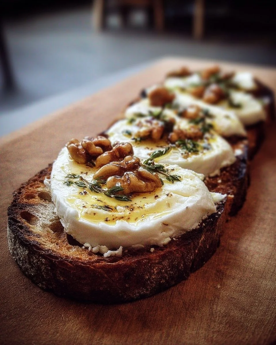 Tartines savoureuses de fromage de chèvre sur une planche de bois.