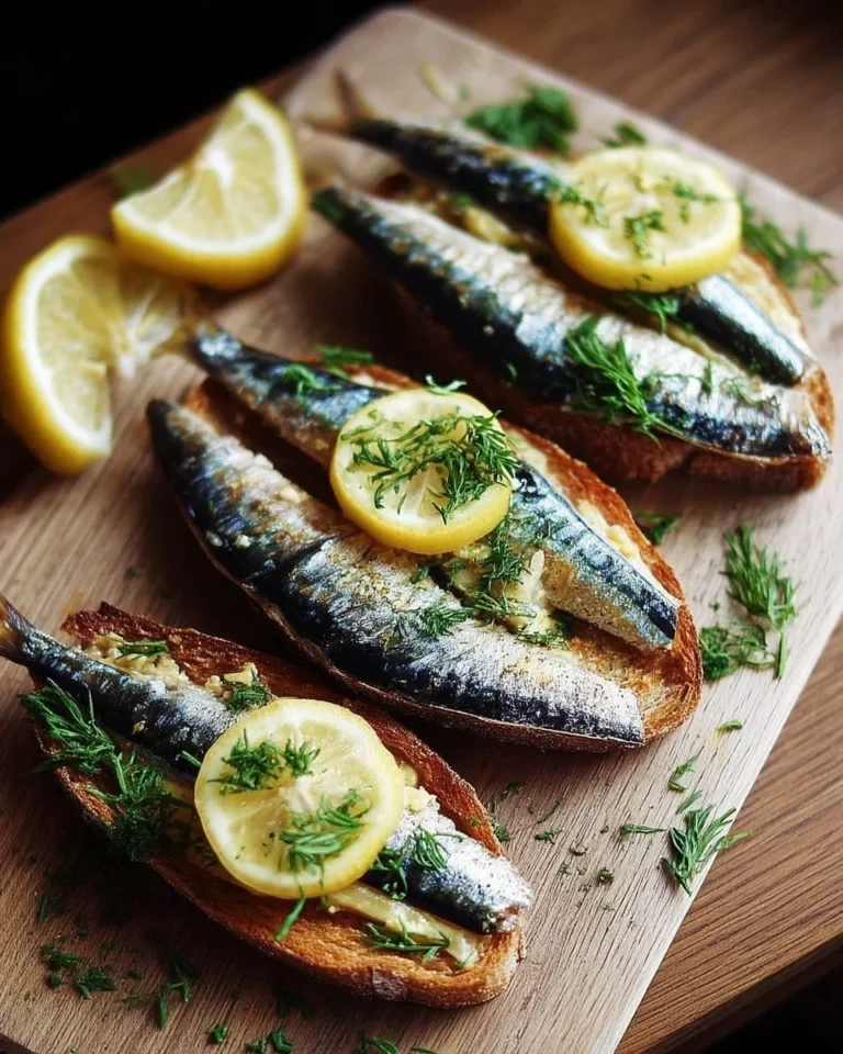 Tartines de sardines au beurre, citron et herbes fraîches sur une planche en bois.