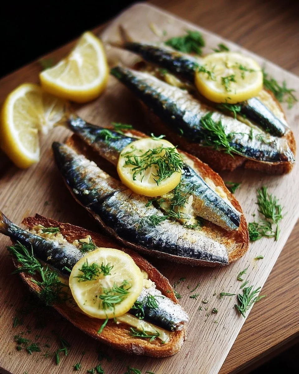 Tartines de sardines au beurre, citron et herbes fraîches sur une planche en bois.