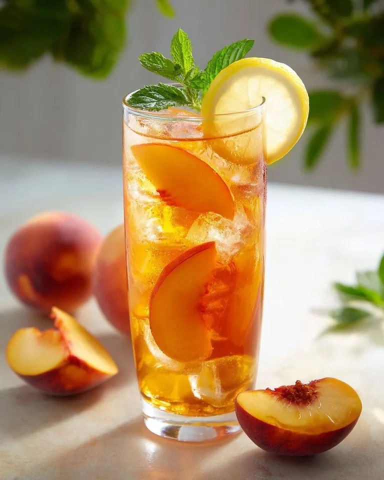 Thé glacé pêche et citron servi avec des tranches de citron