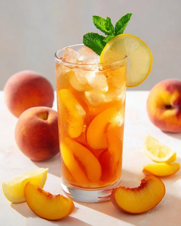 Thé Glacé Pêche et Citron en verre avec des tranches de fruit