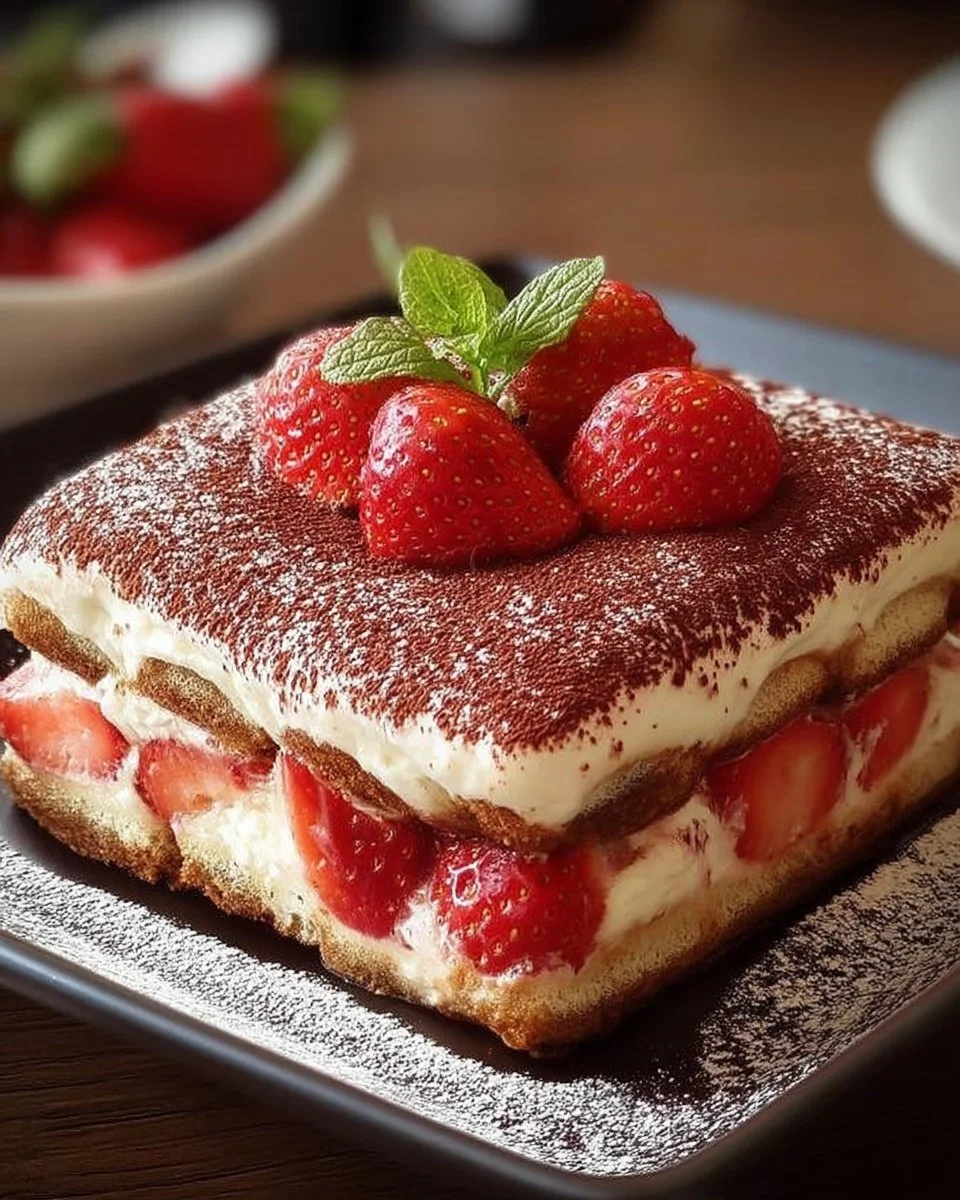 Recette de tiramisu aux fraises avec des couches crémeuses et des fraises juteuses.