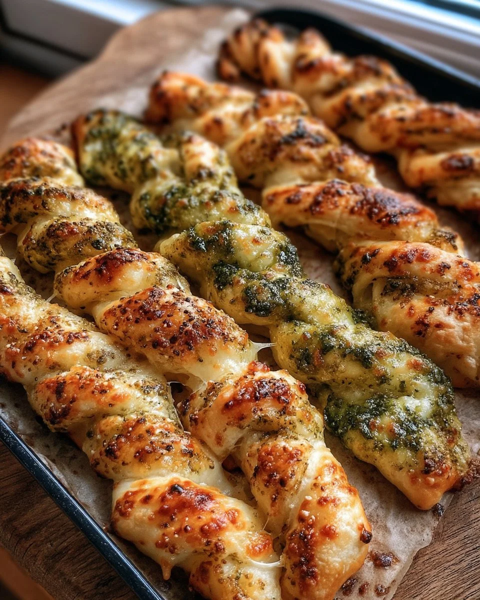 Torsades de pâte à pizza au fromage et pesto croustillantes.
