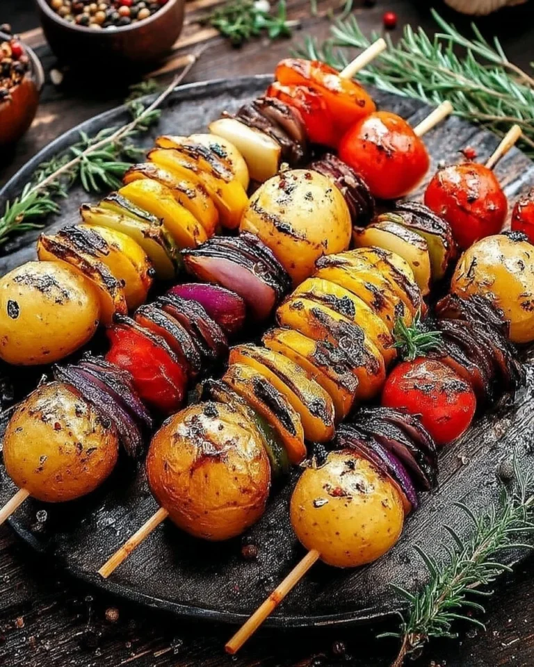 Brochettes de légumes colorées servies avec des pommes de terre rôties