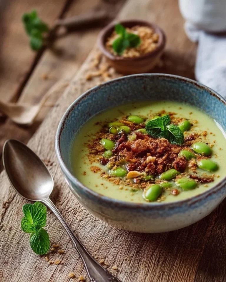 Bol de velouté de fèves à l'italienne garni de parmesan et d'huile d'olive
