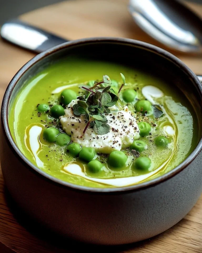 Velouté de petits pois avec crème fraîche et ricotta, plat savoureux et crémeux