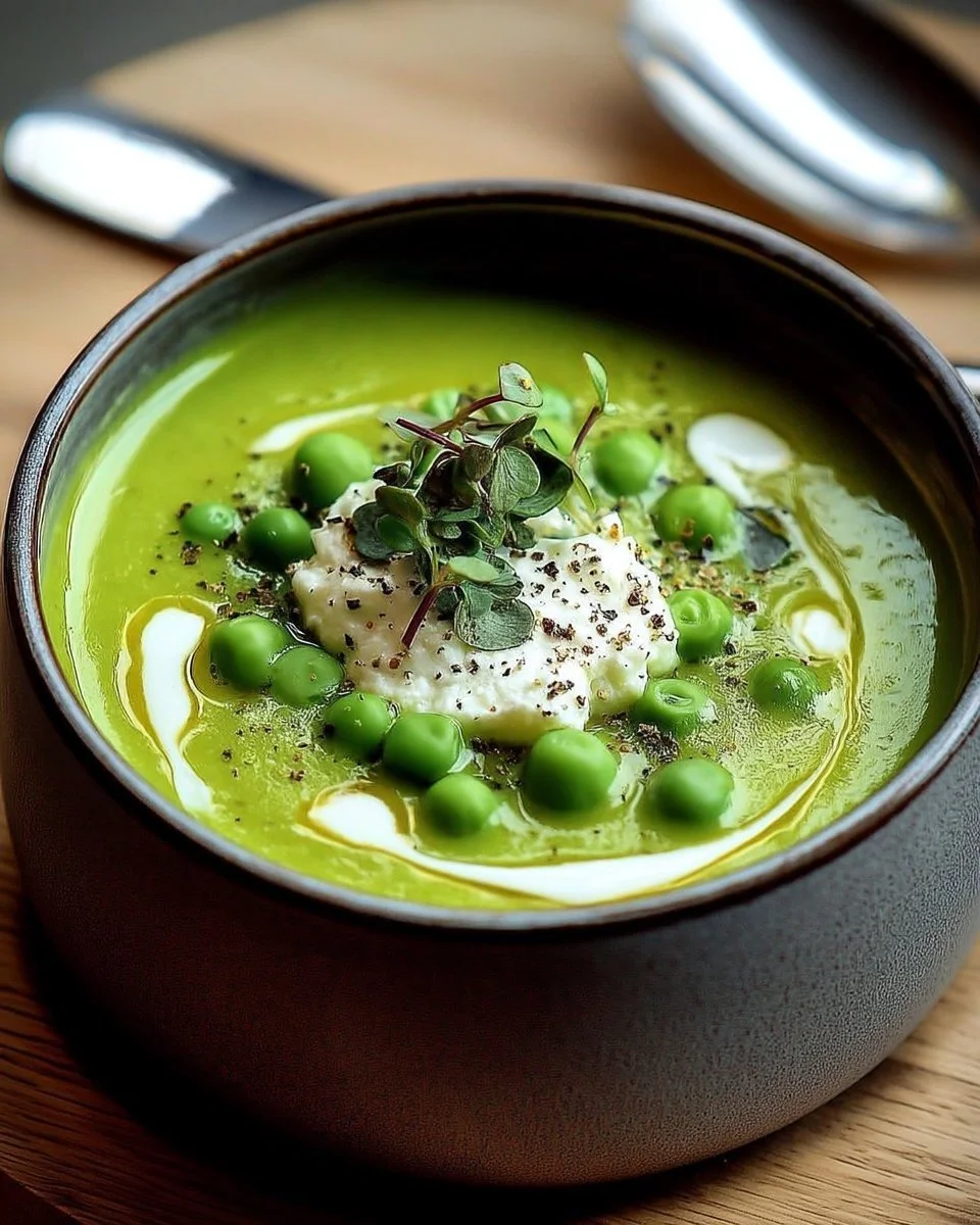 Velouté de petits pois avec crème fraîche et ricotta, plat savoureux et crémeux